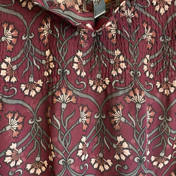 Lane Bryant Sheer Blouse Ruffle Neck Smocked Bodice Floral Burgundy Sz 20 - Picture 6 of 11